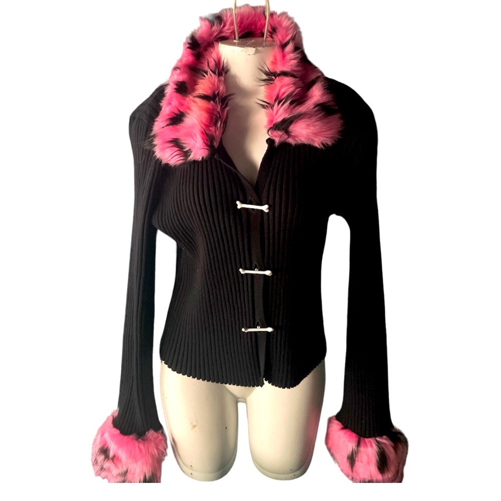 Plus Size Black Cardigan Sweater With Pink Leopard Fur. Bone Button Closures